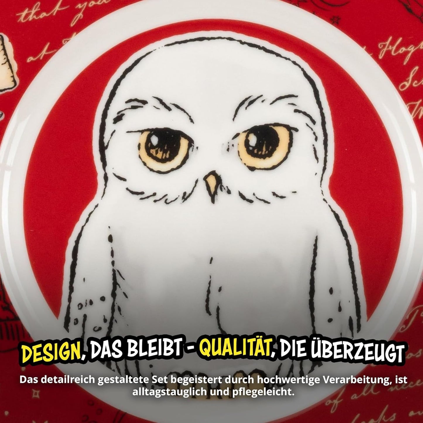 Harry Potter 3-teiliges Geschirrset, rot, Frühstücksset aus Porzellan mit Teller Ø 19 cm, Becher 220 ml und Schüssel 330 ml, Geschirrset
