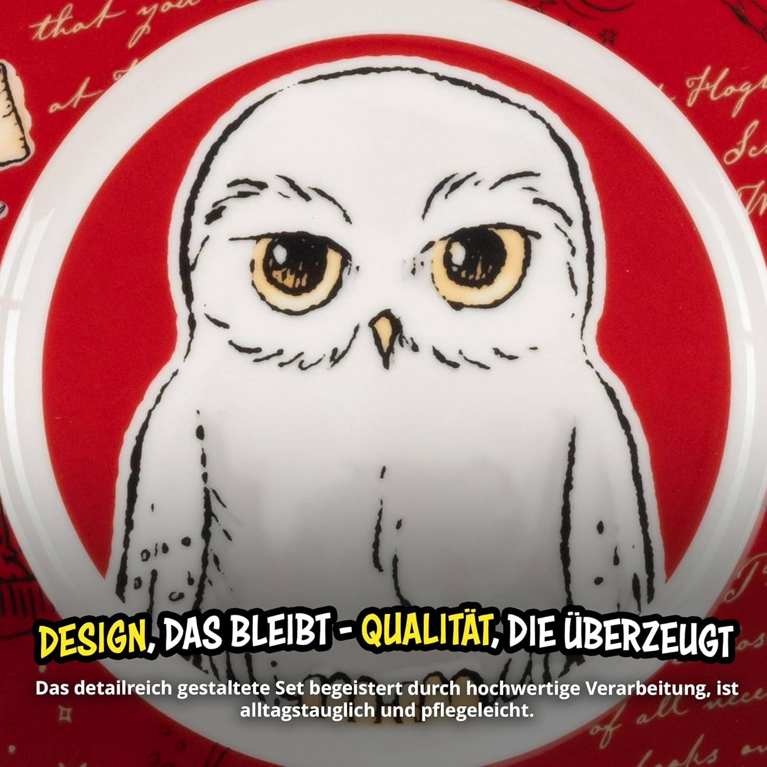 Harry Potter 3-teiliges Geschirrset, rot, Frühstücksset aus Porzellan mit Teller Ø 19 cm, Becher 220 ml und Schüssel 330 ml, Geschirrset