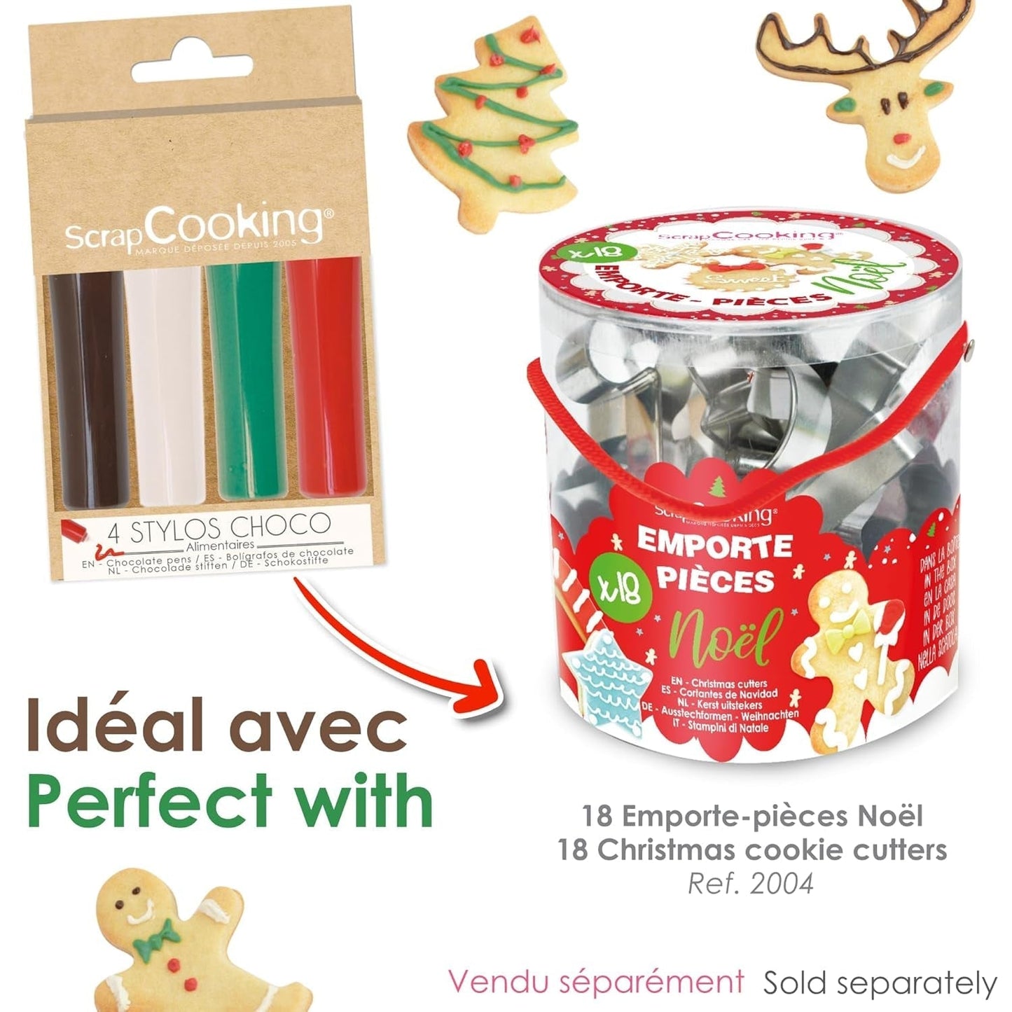 Scrapcooking – Set mit 4 weihnachtlichen Schokoladen-Buntstiften – Braun, Weiß, Grün und Rot – Essbare Farbe – Lebensmittelfarbe zum Schreiben – Schreiben und Zeichnen auf Desserts, Kuchen und Keksen – 7060