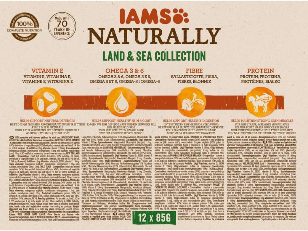 IAMS Natürliches Nassfutter für Katzen in Soße – Hochwertiges Fleisch- und Fischnassfutter für erwachsene Katzen, Land & Sea Collection, 12 x 85 g