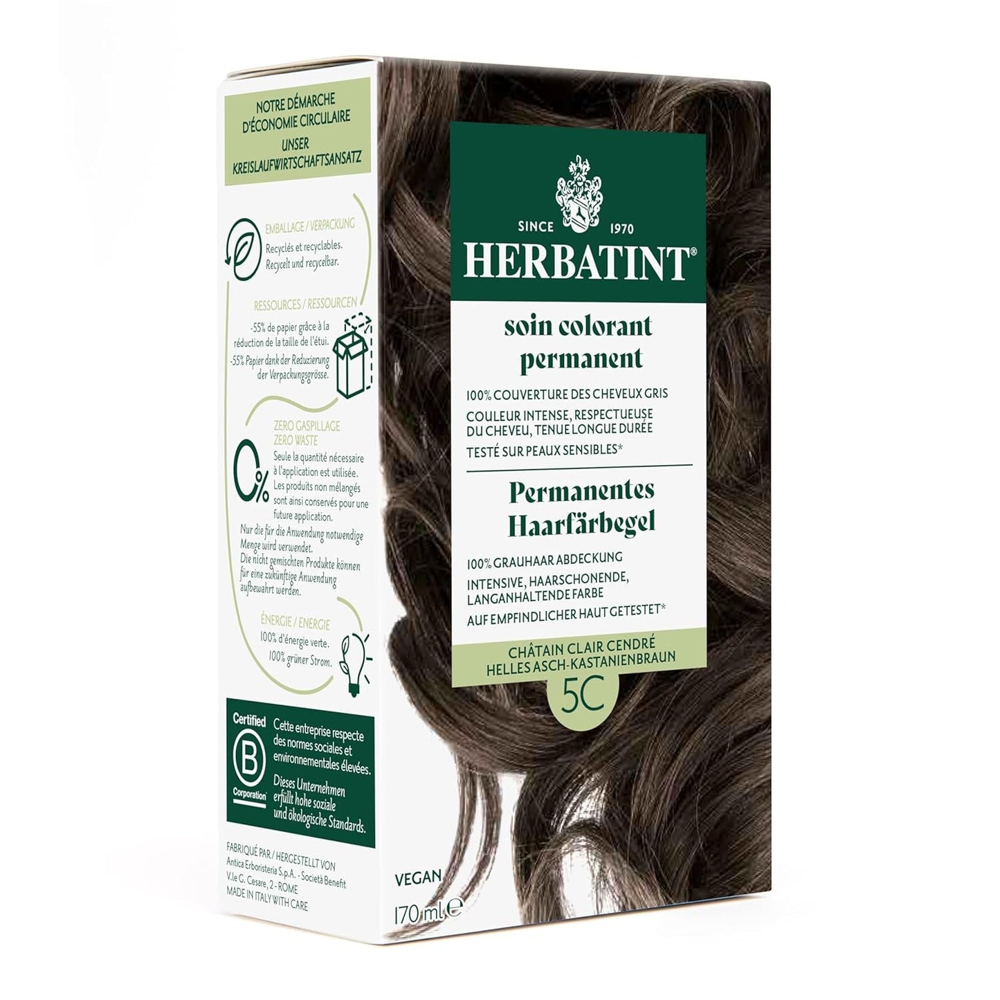 Permanentes Haarfärbegel 6N Dunkelblond – 170 ml I Ammoniakfrei, 100 % graue Haarabdeckung I Getestet auf empfindlicher Haut, mit 8 Pflanzenextrakten Naty Shop Haarfärbemittel 5C Light Ash – Kastanienbraun