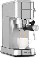 Klarstein Futura Espressomaschine, tragbare Filter-Espressomaschine, 1450 W, 20 bar, Barista-Qualität, Doppeldüse, Flow Stop, tragbare Filter-Espressomaschine, Milchaufschäumfunktion, Silber
