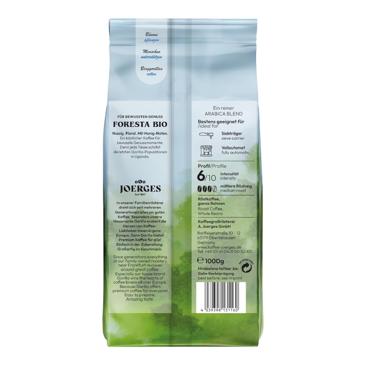Gorilla Foresta Kaffee, Doppelpack, 2 x 1 kg, geröstete Bohnen | Arabica-Mischung, ganze Bohnen | Vollautomatische Siebträger-Espressomaschine | Espressokaffee