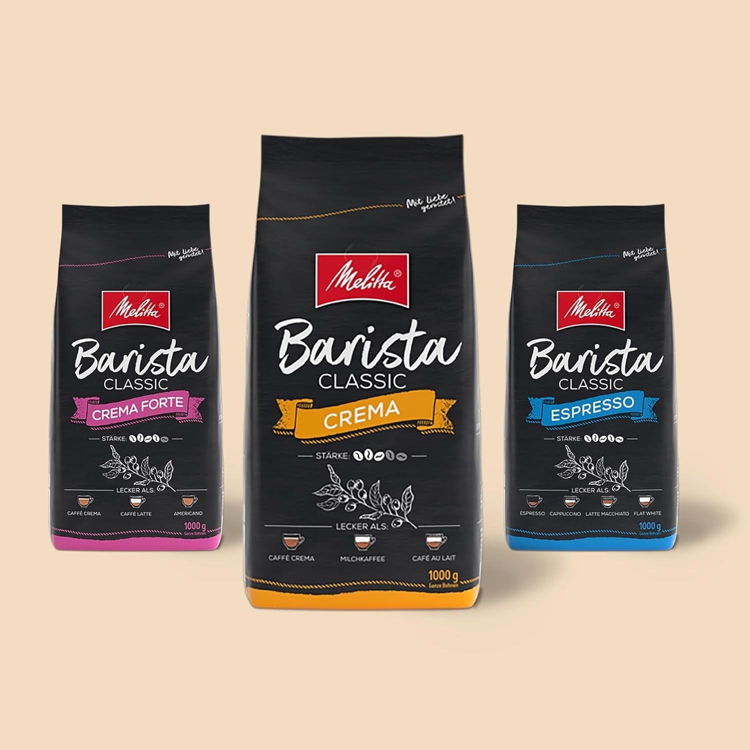 Melitta Barista Classic Espresso, ganze Kaffeebohnen 1 kg, gemahlen, Kaffeebohnen für automatische Espressomaschinen, starke Röstung, Intensität 5 (2er-Pack)