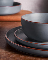Mercury Geschirrset, 12-teiliges Geschirrset, 4-Personen-Steinzeug-Geschirrset mit Speisetellern, Desserttellern, Müslischalen, mikrowellen- und spülmaschinenfest, Anthrazit