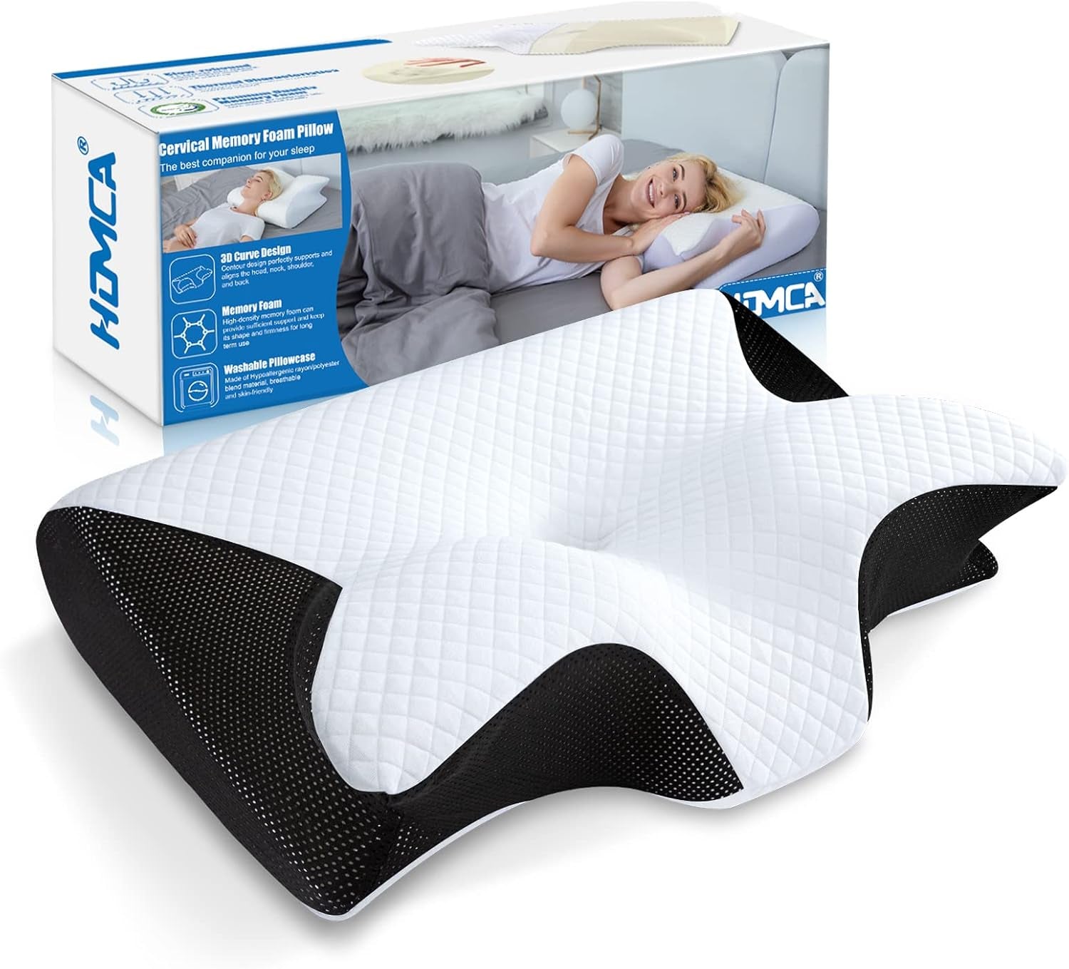 HOMCA Nackenkissen Orthopädisches Kissen 2-in-1-Memory-Schaum-Kissen Nackenstützkissen Ergonomisches Kopfkissen für Rücken-, Seiten- und Bauchschmerzen 60 x 13/11 x 40 cm Orthopädische Nackenkissen Naty Shop Schwarz