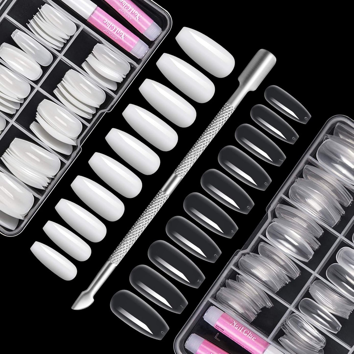 200 Stück künstliche Nagelspitzen, 10 Größen, Acryl, künstliche Nägel mit Nagelhautschieber und transparenter Box für Frauen und Mädchen (natürlich und transparent)