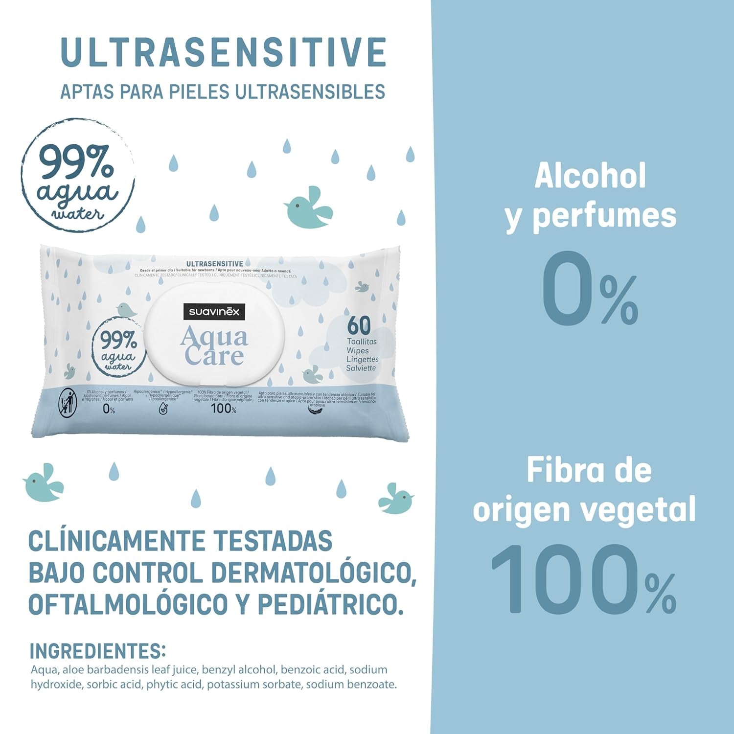 Suavinex Aqua Care Baby-Feuchttücher, 60 Stück, Reinigungstücher, 99 % Wasser, Pflanzenfaser, Aloe Vera, parfümfrei, alkoholfrei, dermatologisch getestet, geeignet für empfindliche Haut