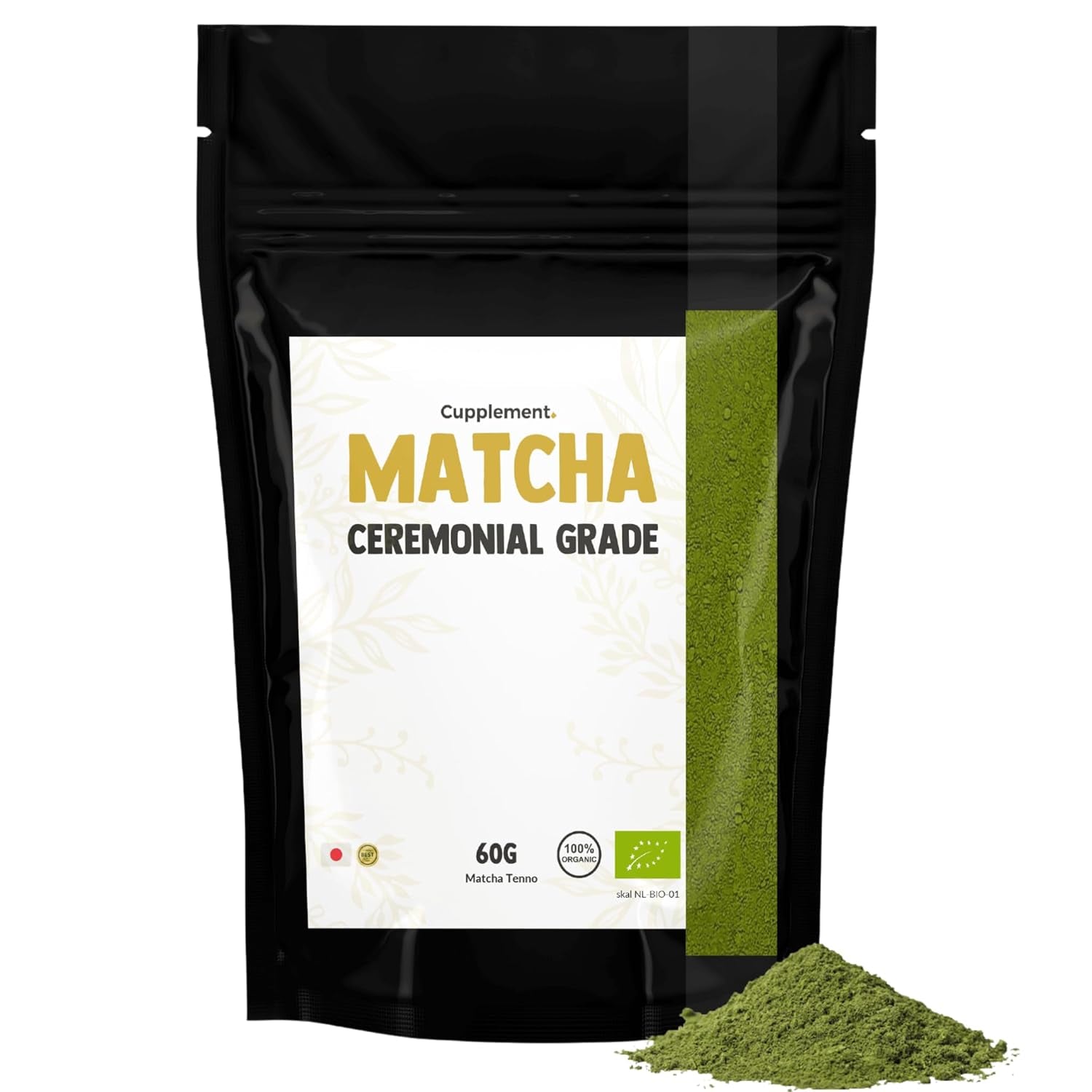 Cupplement Matcha 90 Gramm Bio – Grüner Tee in Pulverform höchster Qualität – Kein Bambusbesen und -draht – Kulinarik – Einsteigerset – Latte – Schneebesen – Japan – Pulver – Tee – Draht – Beutel – Smoothie