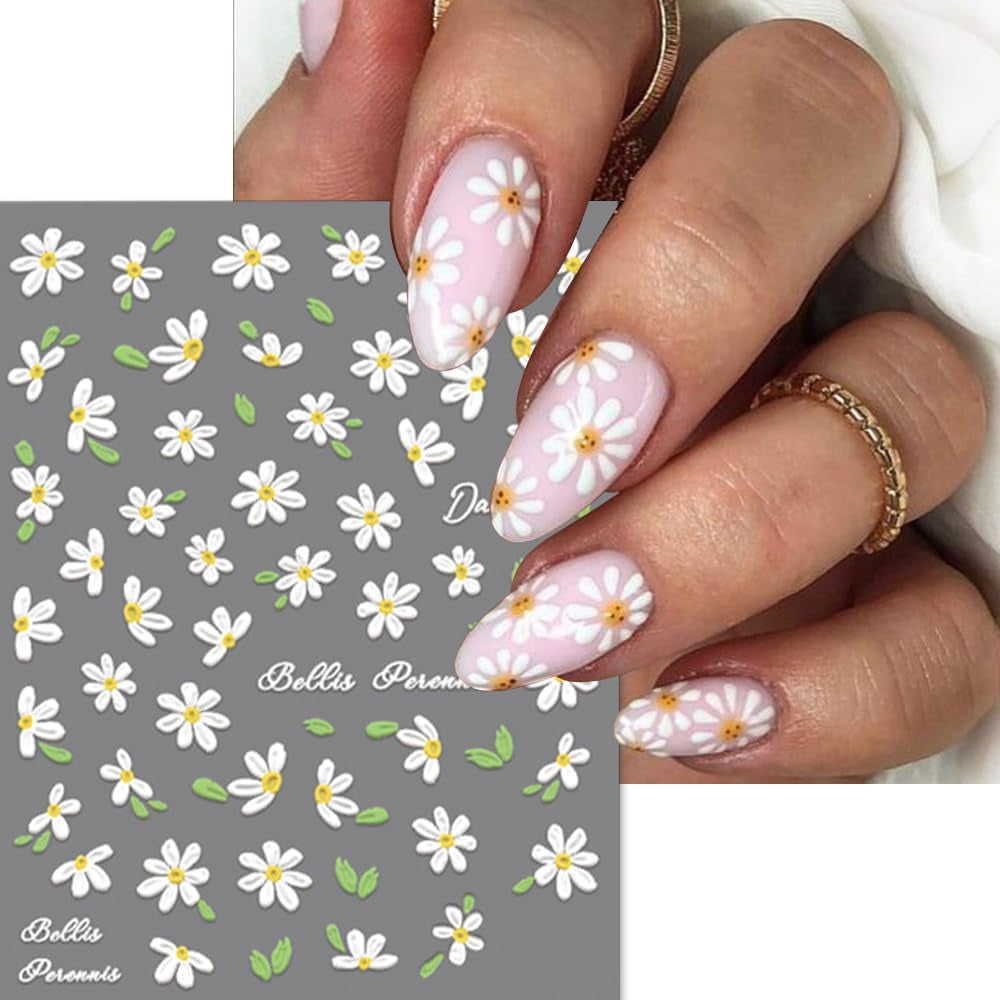 5D geprägte weiße Gänseblümchen-Nagelaufkleber, Blumen, Nagelaufkleber, Blumen, Folie, selbstklebende Aufkleber, Nagelkunstaufkleber, Gänseblümchen, Nageldekorationszubehör, Blumendesign-Aufkleber, Nagelkunst