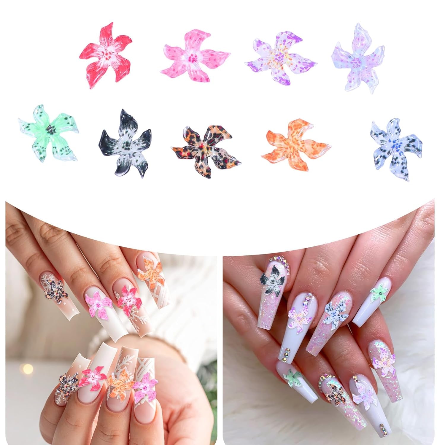50 Stück 3D Blumen Nägel Nail Charms Bunt Gelee Weich Kleber Lilie Blume Blume Nagel Hibiskus Zubehör Nageldesign Eis Kristall Geprägt Farbverlauf Lilien Für Mädchen Frauen Diy Basteldekoration