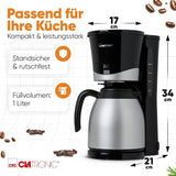 Clatronic® Kaffeemaschine mit Thermoskanne | für 8-10 Tassen Kaffee | ohne Temperaturverlust | Kaffeemaschine mit Filter | 1 Liter | Espresso | Filterkaffeemaschine mit Thermoskanne | KA 3327 schwarz