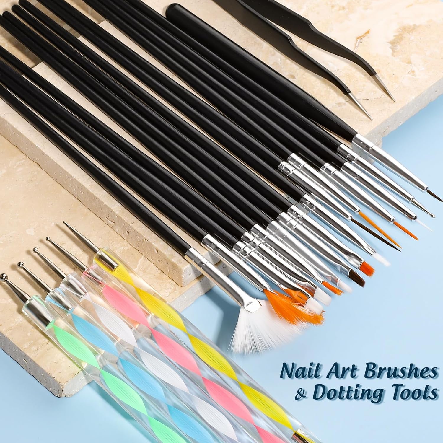 FANDAMEI Pinsel Für Gelnägel, 15 Stück Nagel Pinsel, 5 Blätter Nagelsticker, Strasssteine ​​​​Nägel, Nageldesign Set, Nageldesign Zubehör, Nail Art Pinsel Set, Nailart Pinsel Und Dekorationen Set