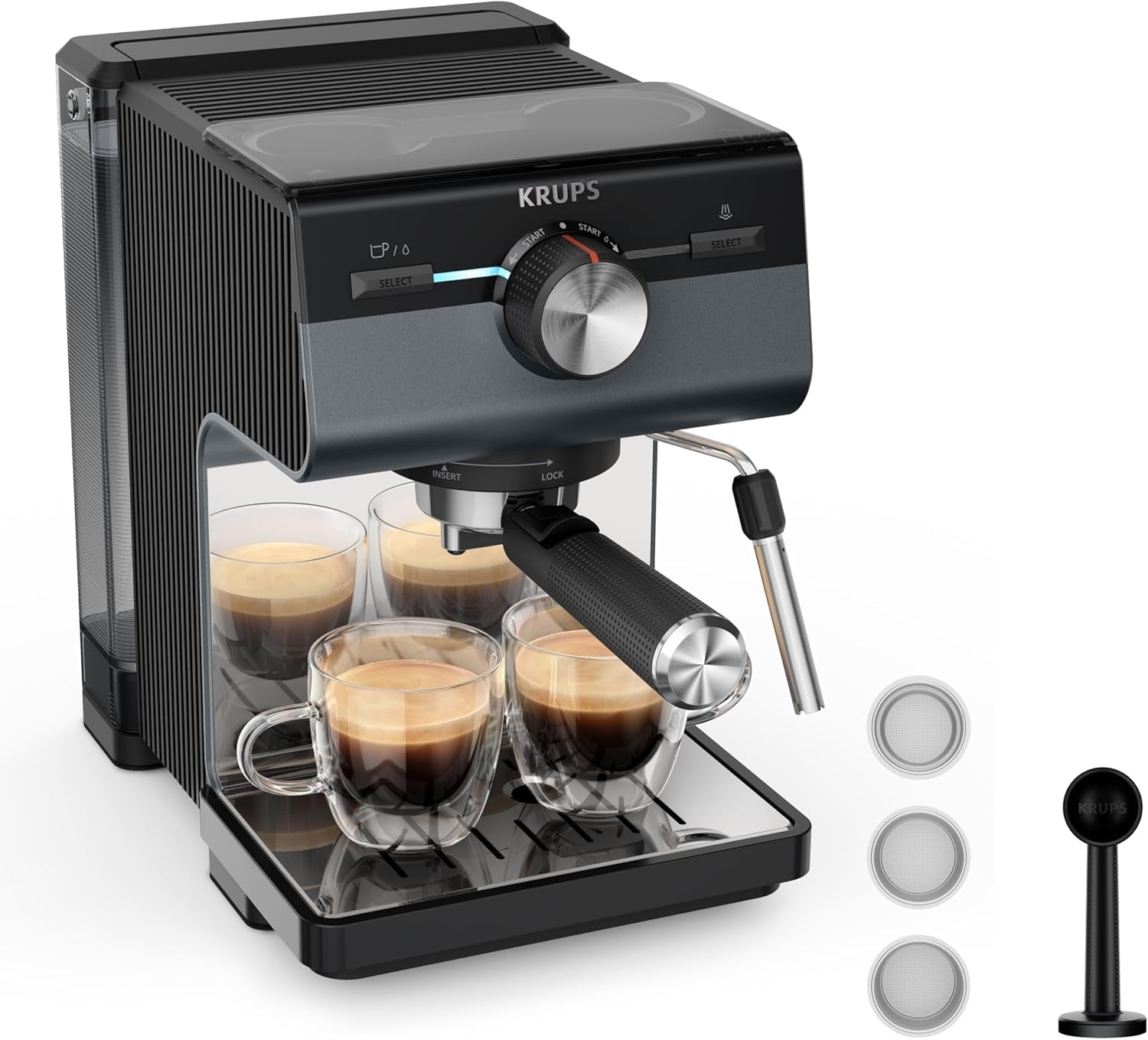 KRUPS Authentic+ Espressomaschine, 15 bar, intuitive Bedienung, anspruchsvolles Design, Dampfdüse, inklusive erweitertem Zubehör, Bullet Dark Silver/Edelstahl, XP384G10