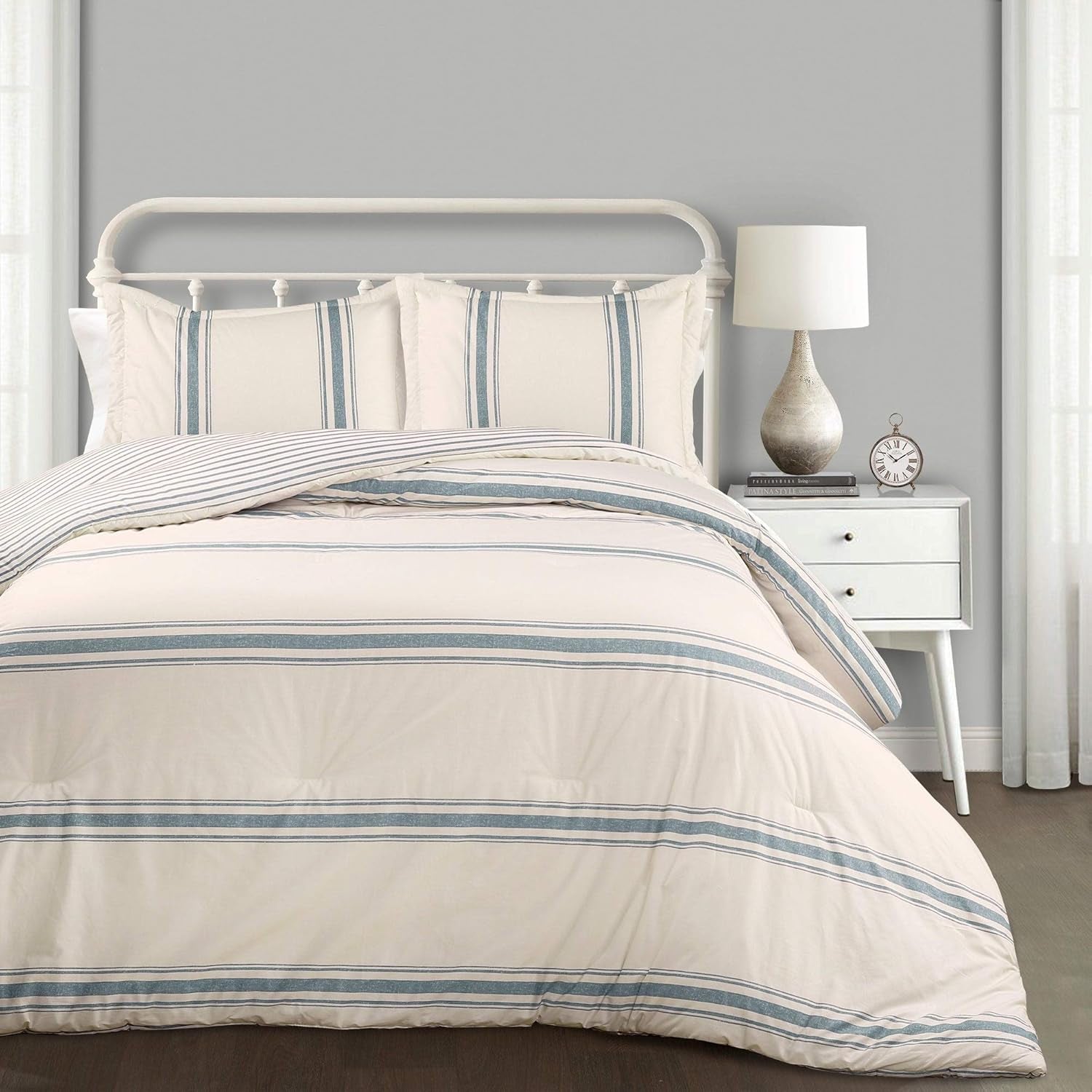 Lush Decor Gestreifte Bauernhaus-Steppdecke, Full/Queen, Grau Quilts und Quilts Naty Shop King Blue