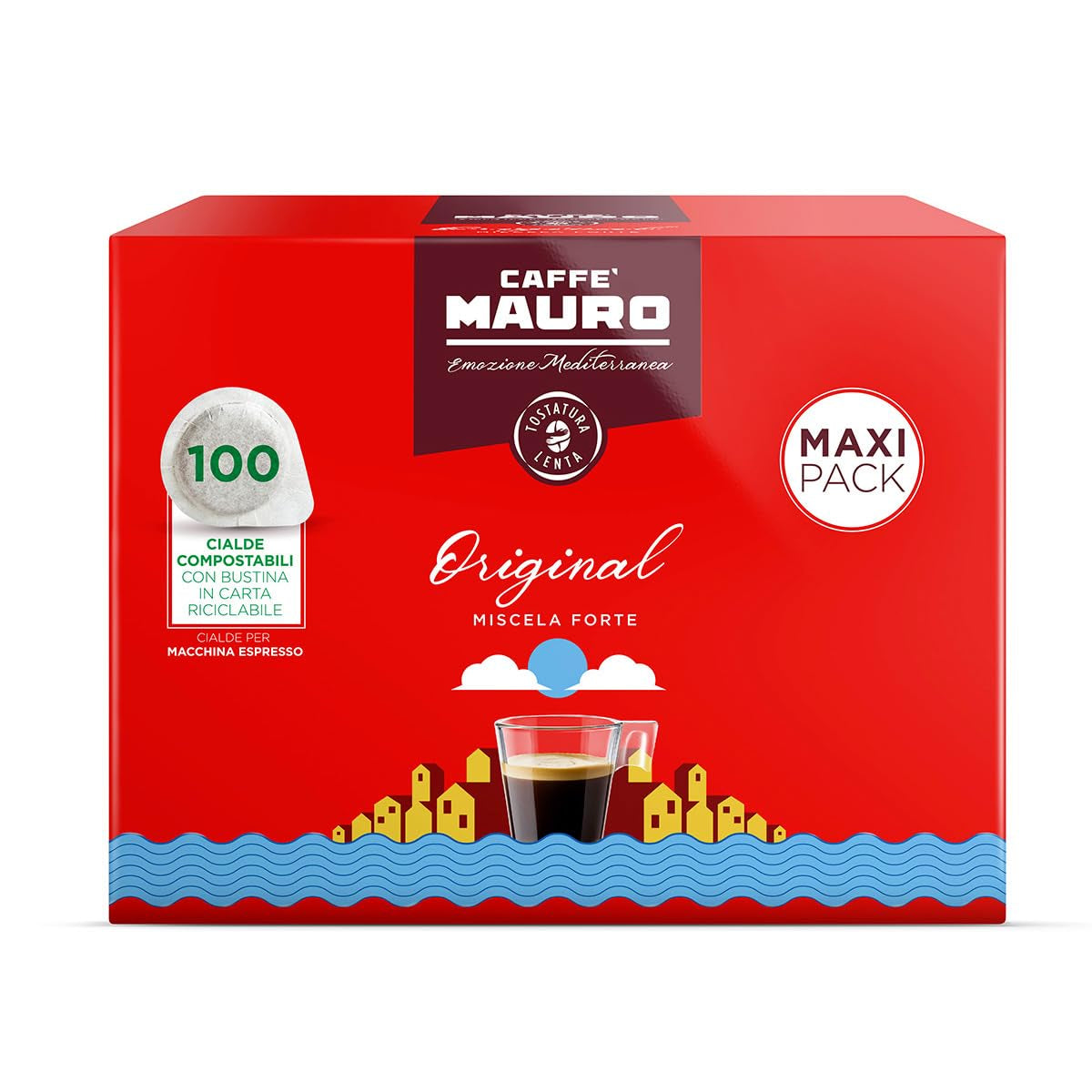 Caffè Mauro Torrefazione Kaffee Kompostierbare Pods, Recyclebare Verpackung, Originalmischung - 100 Stück - Intensität 10/10 - Kompatibel mit ESE System Papier Pads 44 mm
