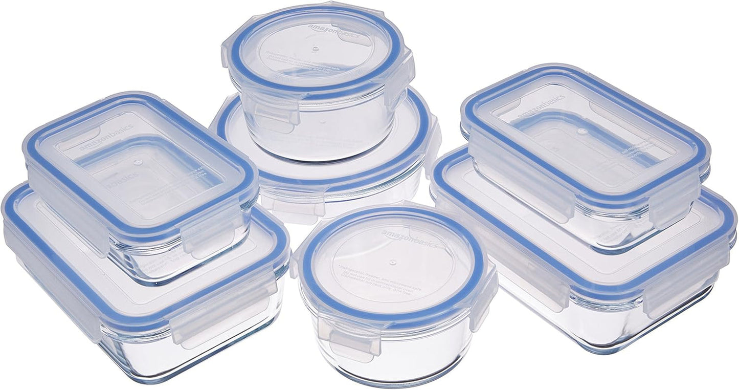 Amazon Basics Lebensmittelbehälter aus Glas mit Deckel, 20er-Pack (10 Behälter + 10 Deckel), BPA-frei, durchsichtig, blau, Aufbewahrungsboxen für Lebensmittel, Naty Shop, 14er-Packung einzeln