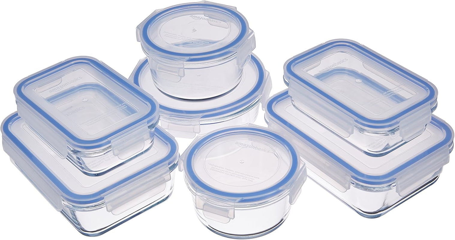 Amazon Basics Lebensmittelbehälter aus Glas mit Deckel, 20er-Pack (10 Behälter + 10 Deckel), BPA-frei, durchsichtig, blau, Aufbewahrungsboxen für Lebensmittel, Naty Shop, 14er-Packung einzeln