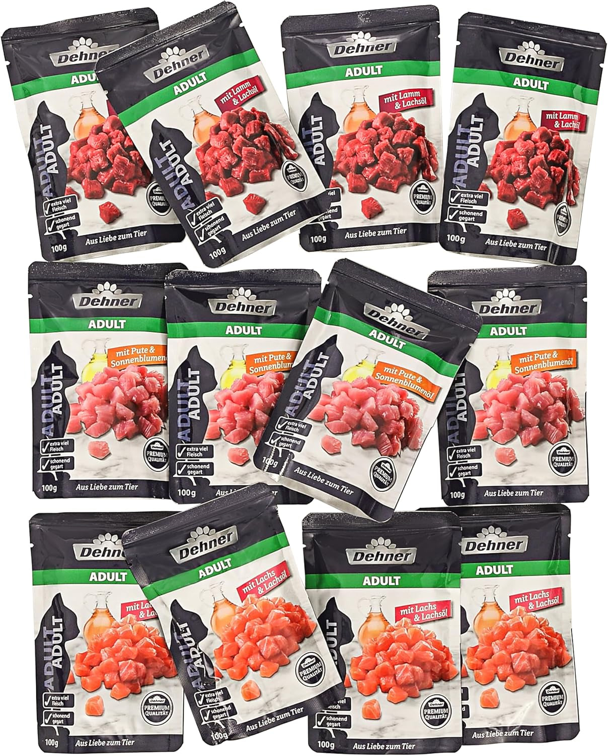 Dehner Premium Nassfutter für Katzen, Multipack, ausgewachsene Katzen, je 4 Stück: Lamm / Truthahn / Lachs, 12 Beutel x 100 g (1,2 kg)
