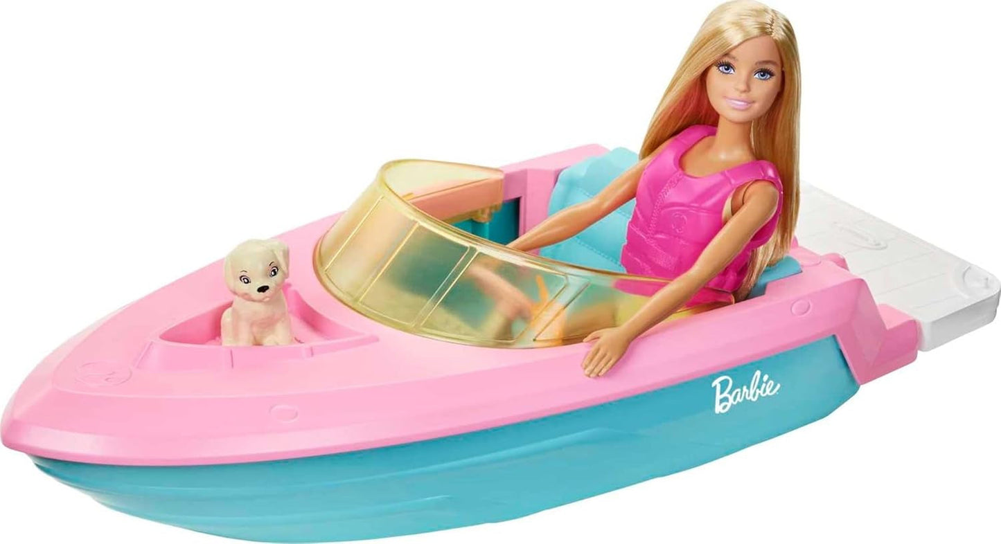 Barbie-Schnellboot-Set, Barbie-Puppe mit blonden Haaren, rosa Schwimmweste, Boot, Welpe, Zubehör, Geschenke für 3+, Grg30 Naty Shop Dolls