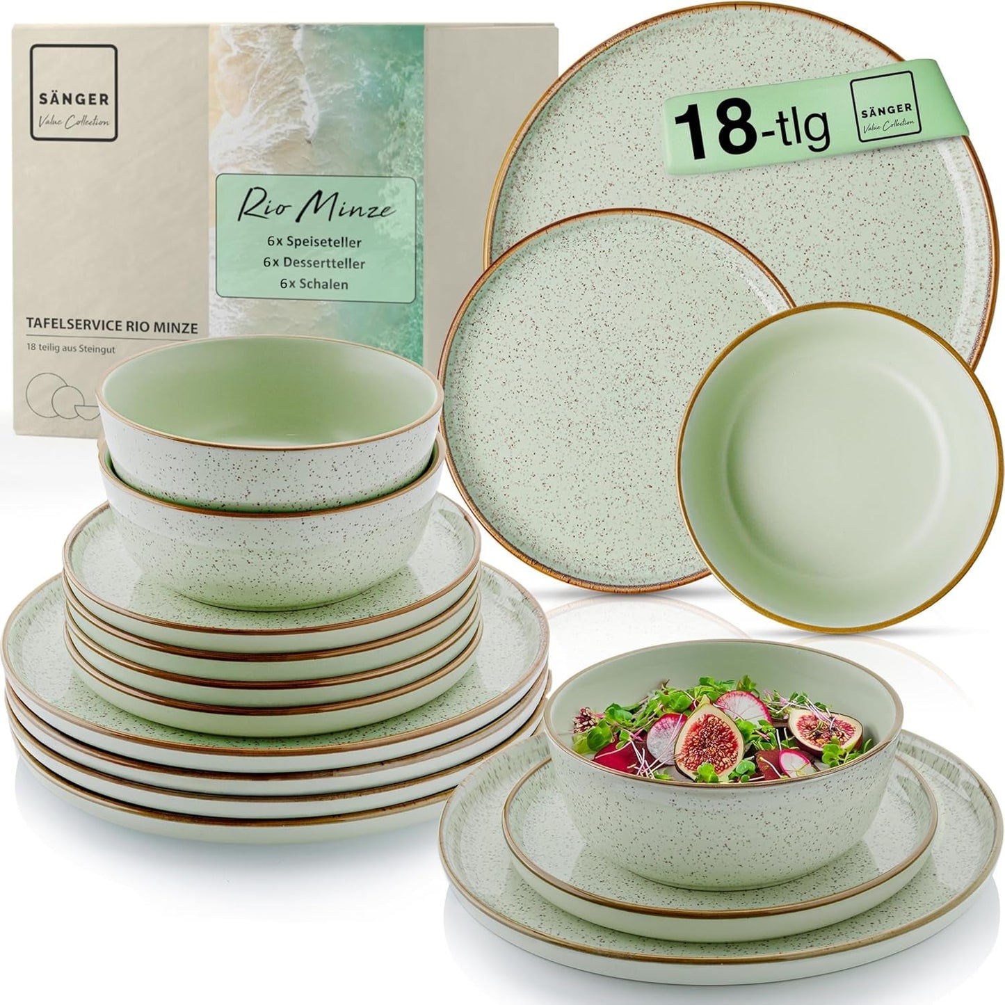 SÄNGER Rio Mint | Steinzeug-Geschirrset für 6 Personen, 6 Teller, 6 Dessertteller, 6 Schüsseln, Mintgrün | DIE VALUE-KOLLEKTION