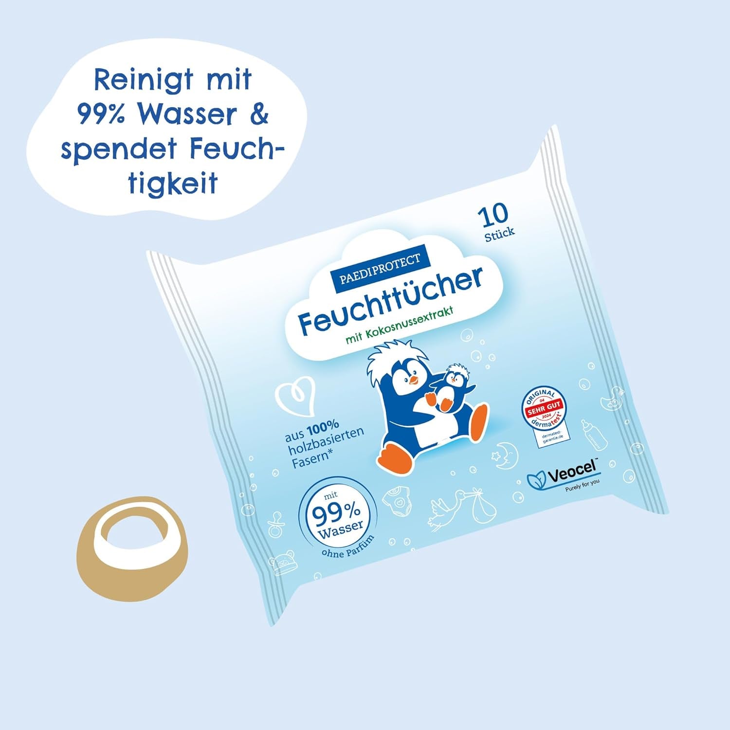 PAEDIPROTECT Baby-Feuchttücher, 1 x 10 Stück, empfindliche Baby-Wasser-Feuchttücher, 99 % Wasser, frei von Duftstoffen, für Babys und Kinder, zarte Haut, ohne Kokosnussextrakt, ohne Mikroplastik, vegan (5er-Pack)