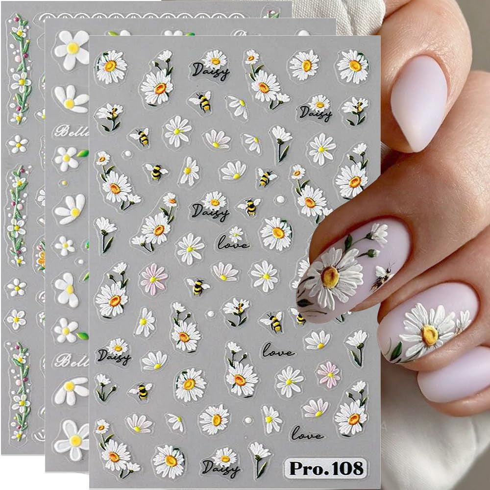 5Pcs Geprägte Gänseblümchen Nagelsticker Selbstklebend Blumen Nagelaufkleber Gänseblümchen Schmetterling Nagel Sticker Nageldesign Aufkleber Nägel Zubehör Blume Nail Sticker Flower Nail Art Sticker