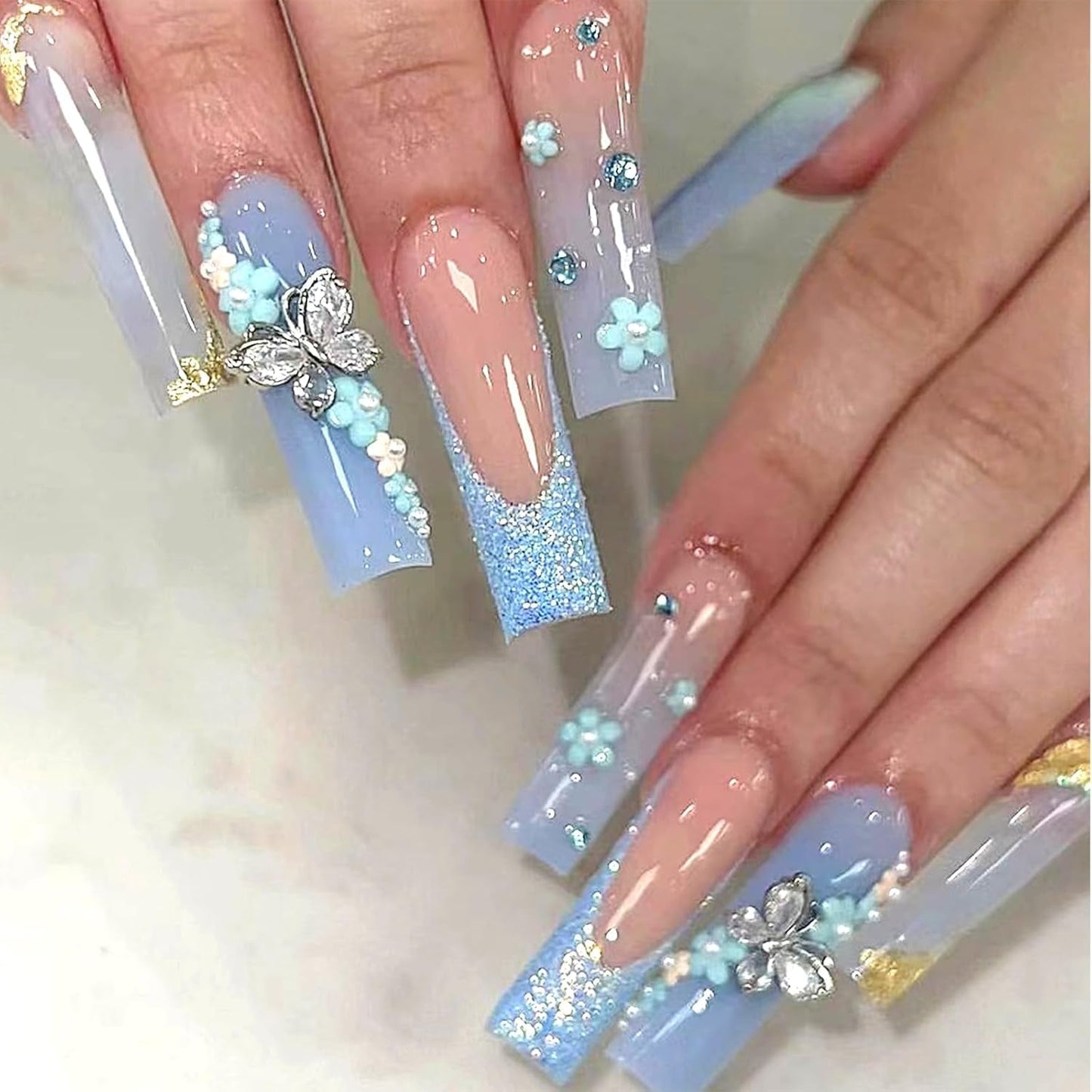 24 Stück Schmetterlingsblaue künstliche Nägel, quadratisch, zum Aufdrücken, französische lange, glitzernde, glitzernde Strass-Falschnagelspitzen