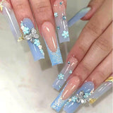 24 Stück Schmetterlingsblaue künstliche Nägel, quadratisch, zum Aufdrücken, französische lange, glitzernde, glitzernde Strass-Falschnagelspitzen