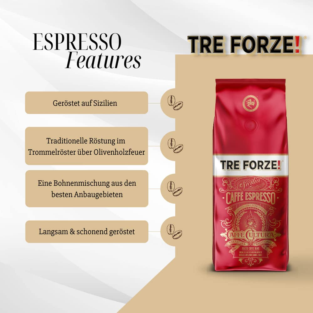 Espresso Caffè – Espressobohnen – traditionell über Olivenholzfeuer geröstet, handgefertigt in Sizilien – Premium-Kaffeebohnen 250 g für Kaffeevollautomaten und Siebträgermaschinen