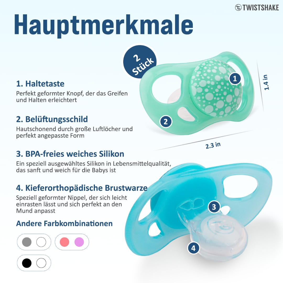 Twistshake Baby-Schnuller – 2er-Pack | Kieferorthopädische Form | Ultraleicht | Weicher Silikonsauger | BPA-frei | Geeignet für Babys ab 6 Monaten | Blaugrün