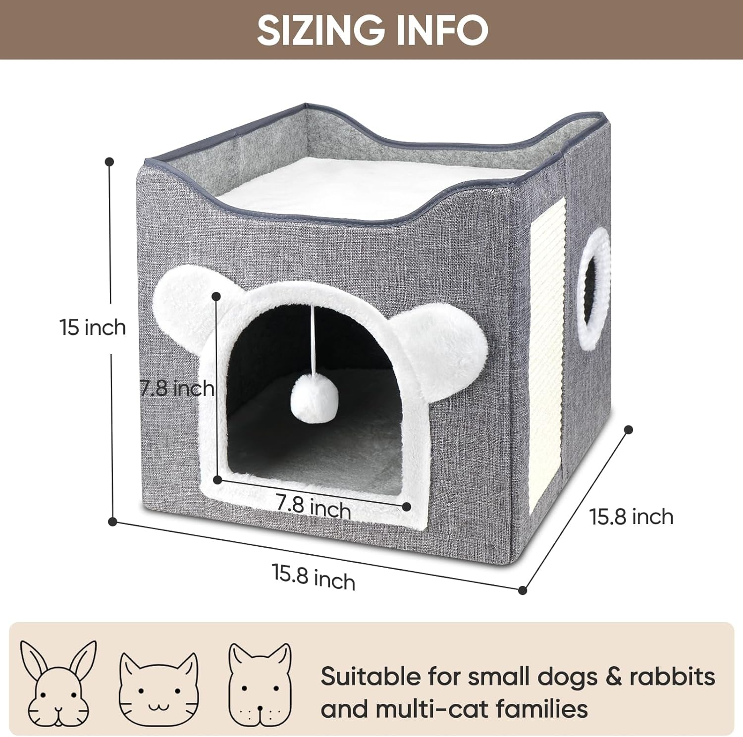 Katzenbetten für Indoor Katzen, Faltbares Katzenhaus, Katzenhöhle 2 Schicht Würfel Großer Raum Katzenbett mit Kratzbrett und Spielball, 15,8 x 15,8 x 15 Zoll