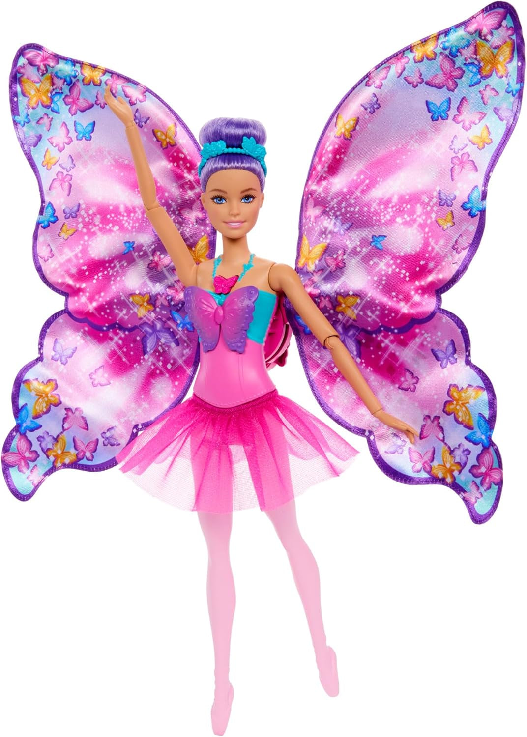 Barbie Tänzerin und Schmetterling 2-in-1 verwandelt Tänzerin in einen Schmetterling mit aufklappbaren Flügeln, lila Haaren, Haarschmuck und abnehmbarem Tutu, HXJ10