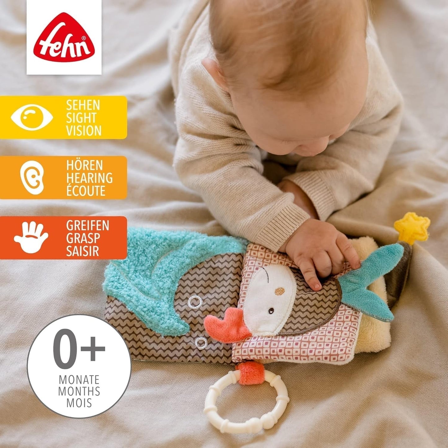 Fehn Spielhandschuh Safari – Fingerpuppen Babyspielzeug Affe & Elefant zum Greifen & Geräusche machen & weiches Bilderbuch Bruno – Tastbuch für Kinder mit Tiermotiven Babyspielzeug Naty Shop
