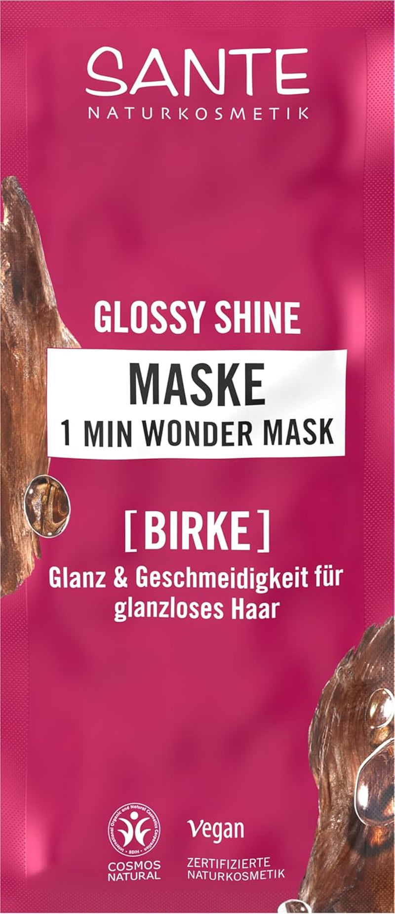 SANTE Naturkosmetik Glossy Shine 1 Min Wonder Mask, Tiefenpflege für glanzloses Haar mit Bio-Birkenblätterextrakt und 3x Proteinkomplex für 3x mehr Glanz und Geschmeidigkeit, vegan, 20ml Naty Shop Haarmaske Standardtitel