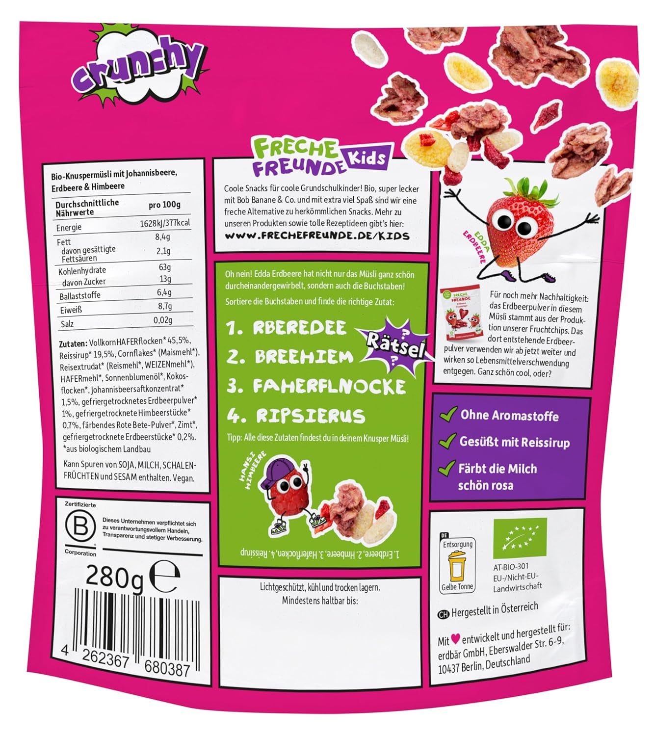 FRECHE FREUNDE Bio-Frühstücksmüsli Edda's Beeren-Knusper-Müsli-Mischung für Schulkinder mit gefriergetrockneten Erdbeeren, vegan, 6er-Pack (6 x 280 g)
