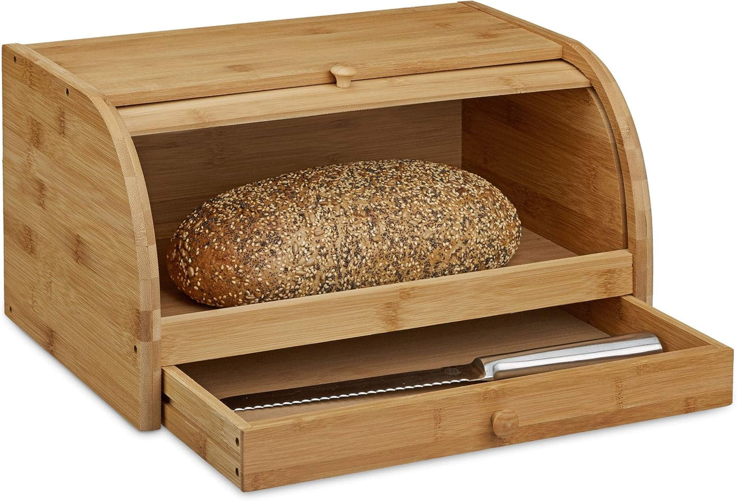 Relaxdays Rollbarer Brotkorb mit Schublade, Bambus, HxBxT: 21 x 40,5 x 28 cm, Holz, Natur & Bambus-Schneidebrett ca. 3 x 37 x 21,5 cm Schneidebrett mit Krümelschublade zur einfachen Reinigung natürliche Lebensmittelaufbewahrungsboxen Naty Shop