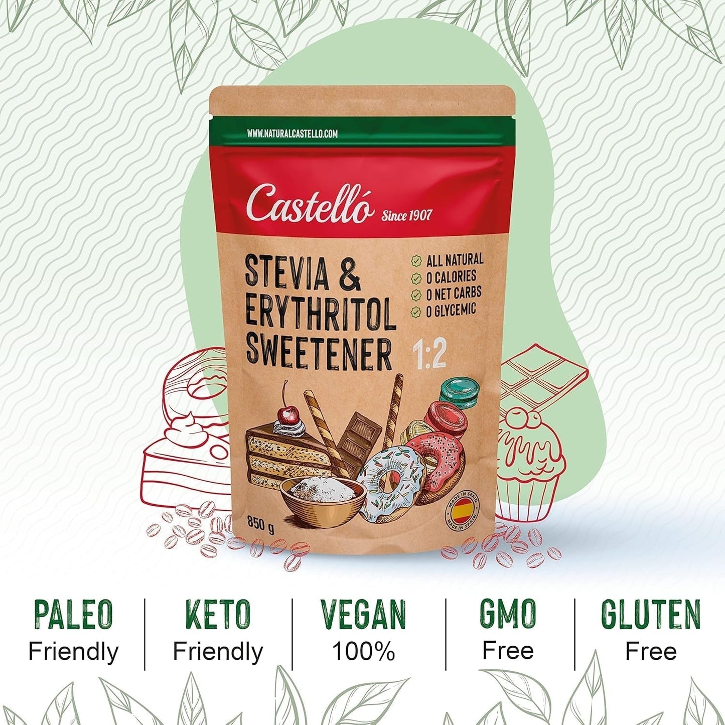 Stevia + Erythritol 1:2 Süßstoff | 1G = 2G Zucker | 100% Natürlicher Zuckerersatz - 0 Kalorien - 0 Glykämischer Index - Keto Und Paleo - 0 Netto-Kohlenhydrate - Kein GVO - Castello seit 1907 - 850 G Süßstoffe Naty Shop
