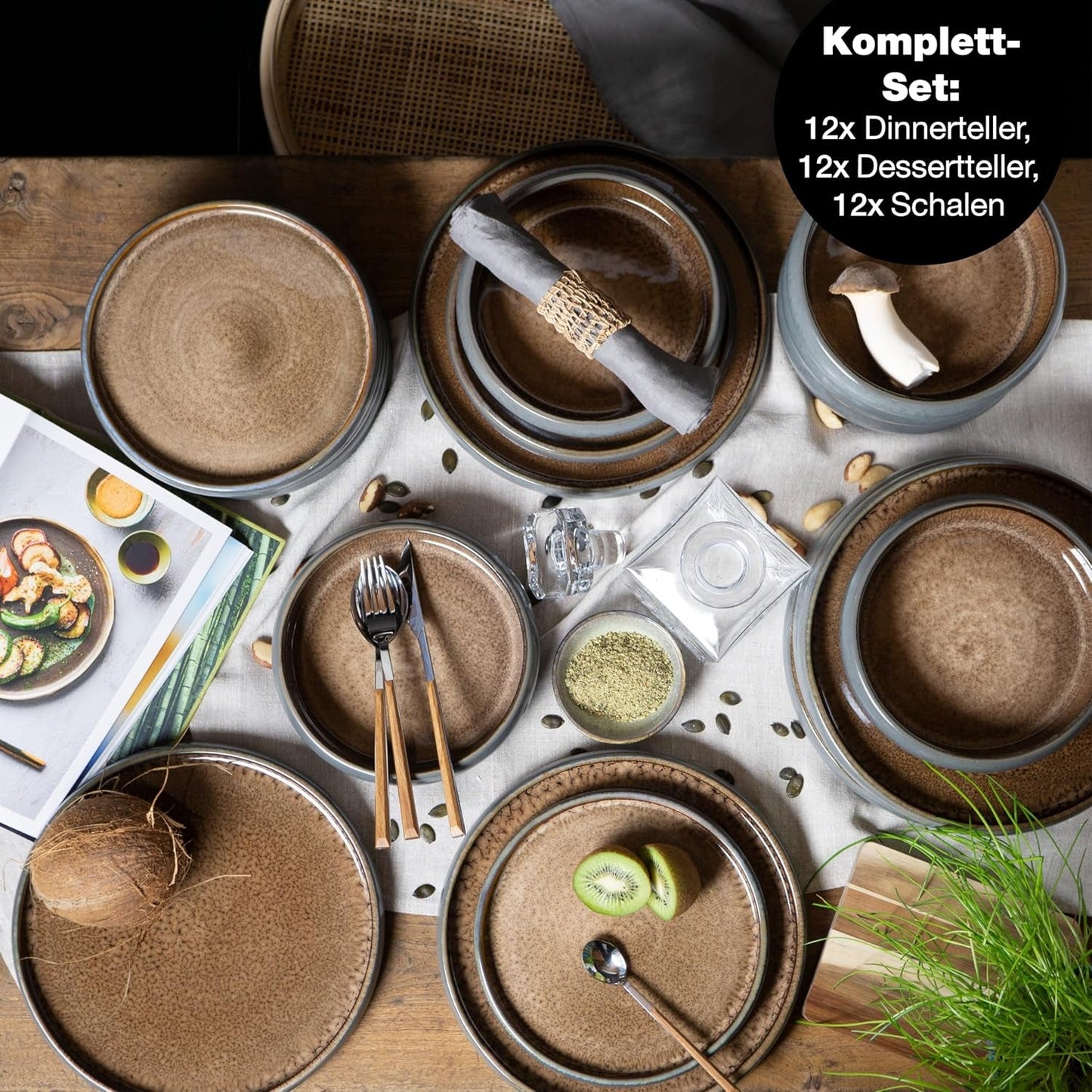 Moritz & Moritz SOLID 36-tlg Steinzeug Geschirr Set 12 Personen - Geschirrset 12 Personen aus je 12 Dinner Teller, Kleiner Teller, Tiefe Teller