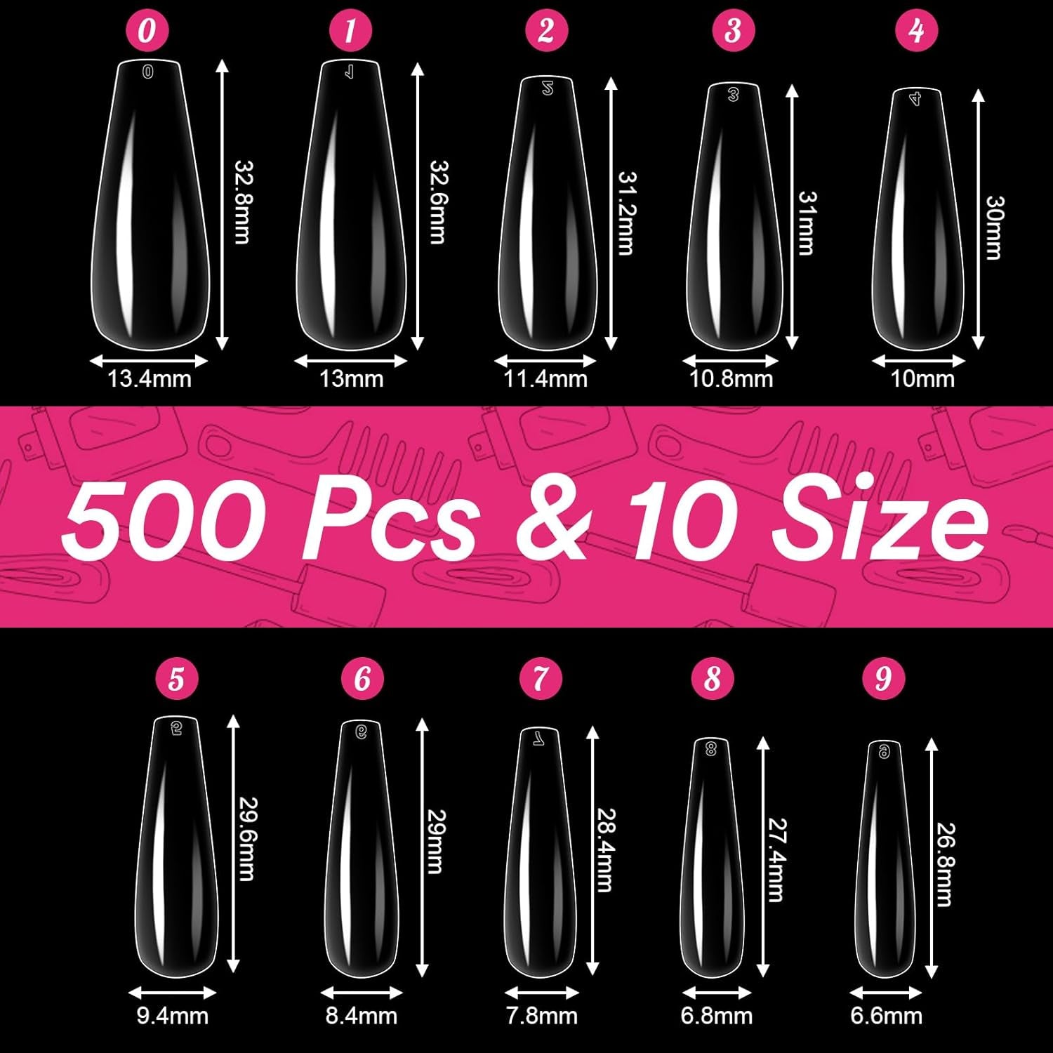 Alyvisun Ballett-Nagelspitzen, 500 Stück, vollständig abdeckende Acryl-Nagelspitzen mit 240 Stück Nagelaufkleber-Set, 10 Größen, transparente Gel-Nagelspitzen, weiche Gel-Nagelspitzen, Ballerina-Nagelspitzen