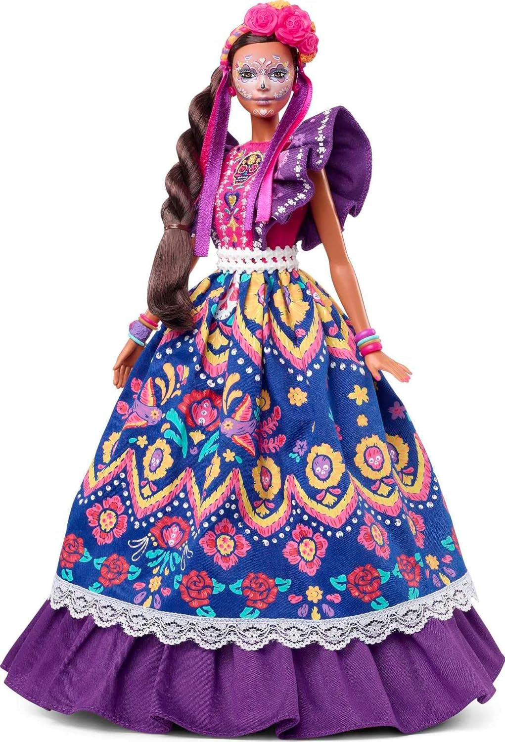 2022 Día De Muertos Barbie-Puppe mit gerüschtem Trachtenkleid, Blumenkranz und Calavera-Gesichtsbemalung, Geschenk für Sammler