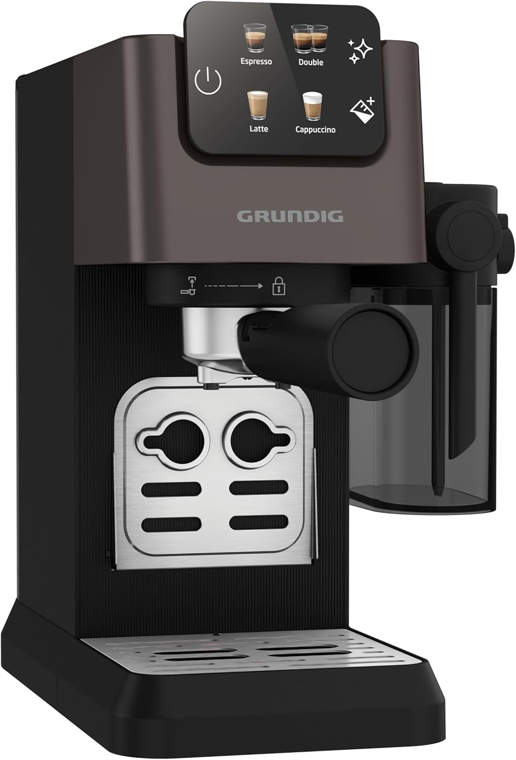 Siebträger-Espressomaschine GRUNDIG KSM 5330 mit integriertem Milchbehälter, Leistung 1628 W, Pumpendruck 15 bar, Doppeldüse, farbiges Touch-Display, BrewSense, CreamyPro, Edelstahl dunkel/Schwarz