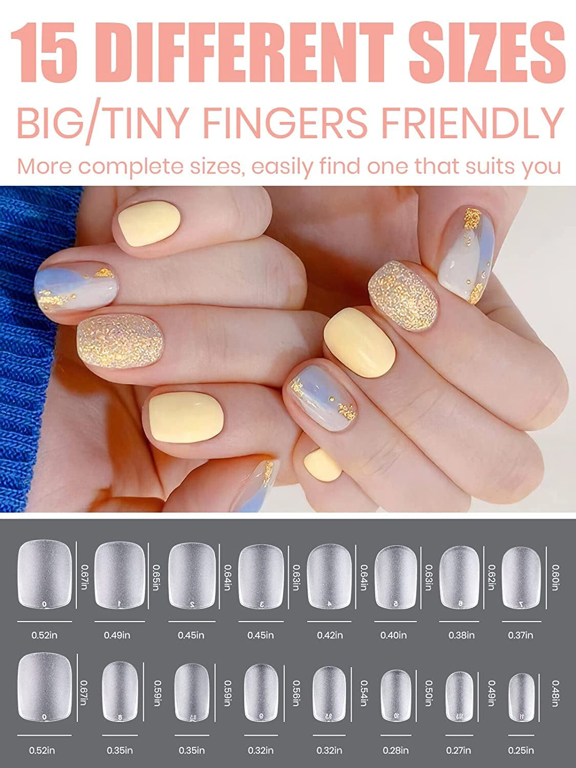 EBANKU 420 Stück kurze quadratische Nagelspitzen, vollflächige matte Spitzen, weiche Gel-Spitzen, klare vorpolierte Gel-Nagelspitzen, künstliche Nagelverlängerungsspitzen, 15 Größen (kurzes Quadrat)