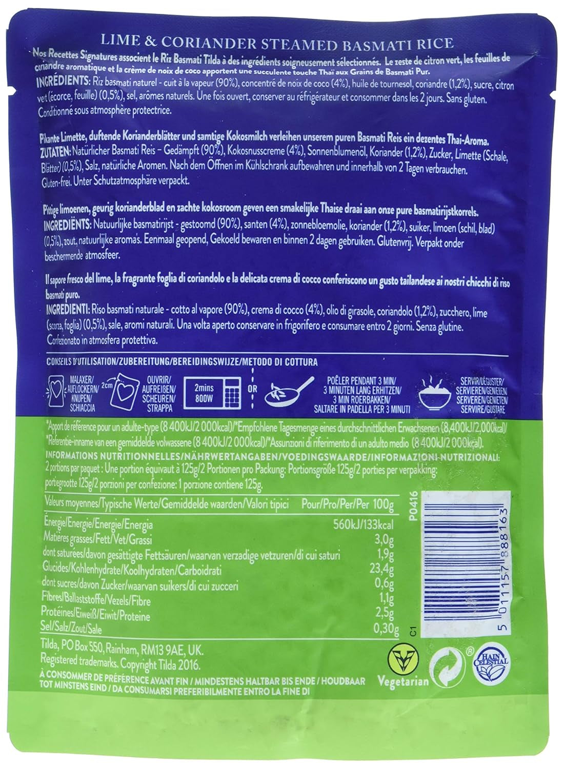 TILDA Gedämpfter Basmatireis mit Limette und Koriander für die Mikrowelle, 250g