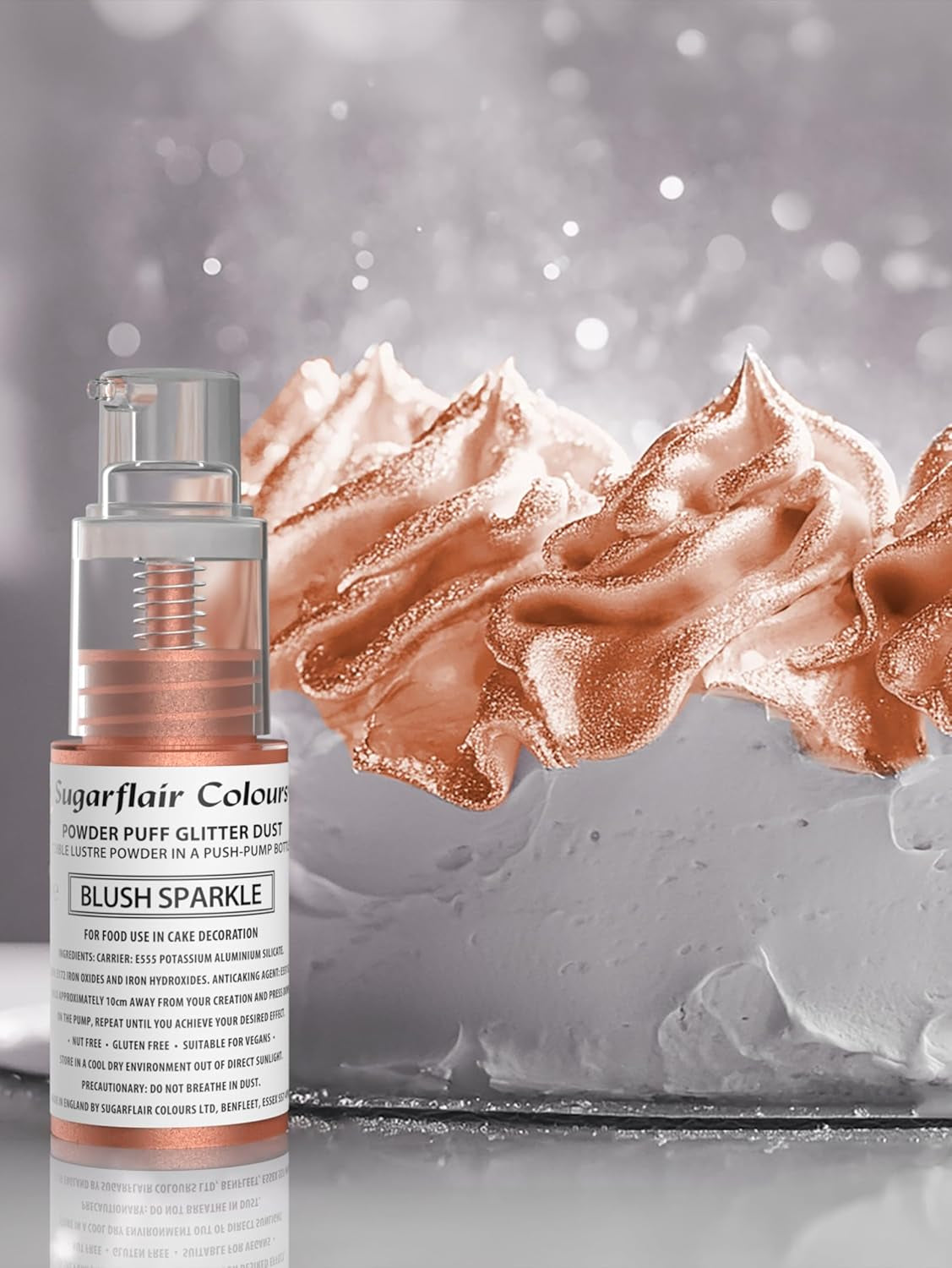 Sugarflair Pump Powder Spray, Glitter, Blush, Glitter – Lebensmittelfarbe für Kuchen, Aerosolfreies Spray für Kuchen, Muffins und mehr – 10 g