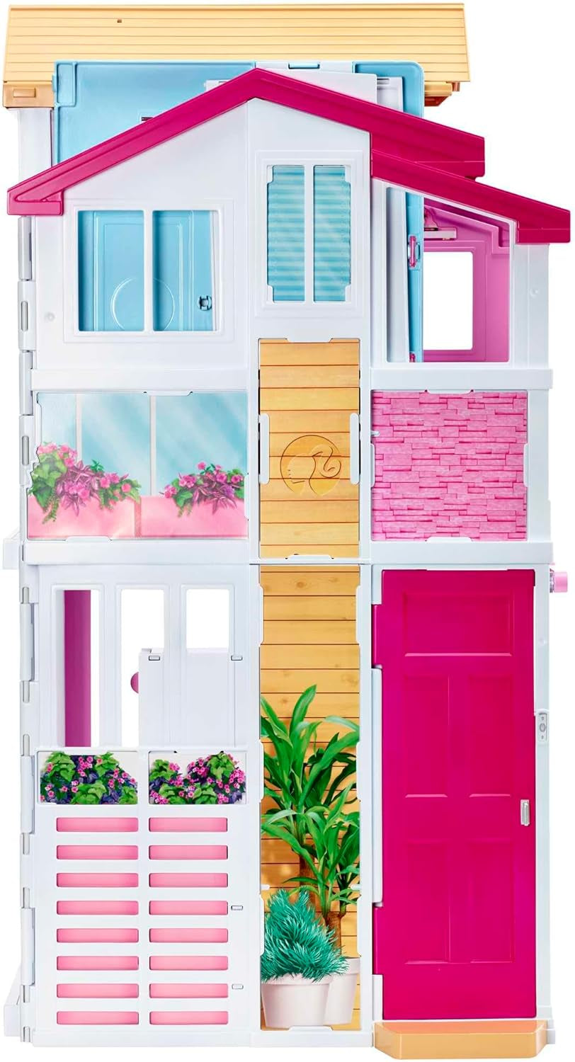 Barbie House Dream Villa, 3-stöckiges Stadthaus mit 5 Zimmern, inklusive Zubehör wie Möbeln, faltbar und Aufbewahrung, Spielzeug ab 3 Jahren, DLY32 Naty Shop Puppenhäuser
