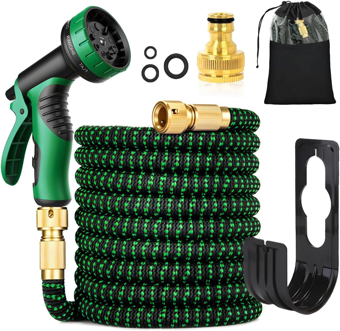 30 m/100 Fuß grüner, flexibler Gartenschlauch mit Sprühdüse und 3/4 Zoll und 1/2 Zoll Messinganschlüssen, 10 Funktionen, 3-fach ausziehbar, kein Knick, ausziehbarer Wasserschlauch für Garten, Boden, Terrasse, Auto