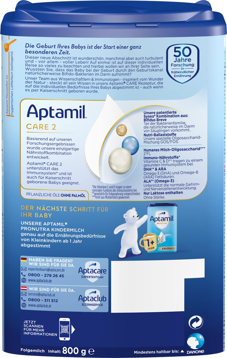 Aptamil Care 2 – Folgemilch nach 6 Monaten, mit Omega 3 und 6, DHA und ARA, palmölfrei, Babynahrung, Milchpulver, 1 x 800 g (6er Pack)