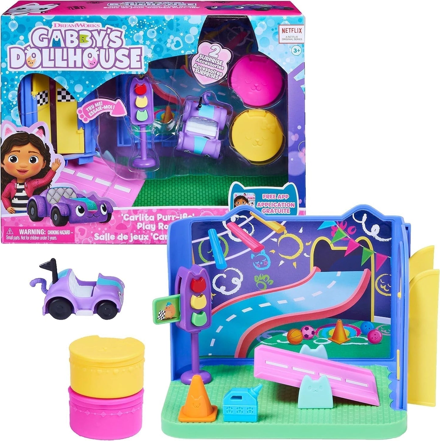 Gabby's Dollhouse Deluxe-Zimmer, Purr-Ific-Spielzimmer, Spielzimmer mit Carlita-Spielzeugauto, 2 Möbelstücken und 2 Überraschungsboxen mit Zubehör, geeignet für Kinder ab 3 Jahren. Naty Shop Puppenhäuser, mehrfarbig