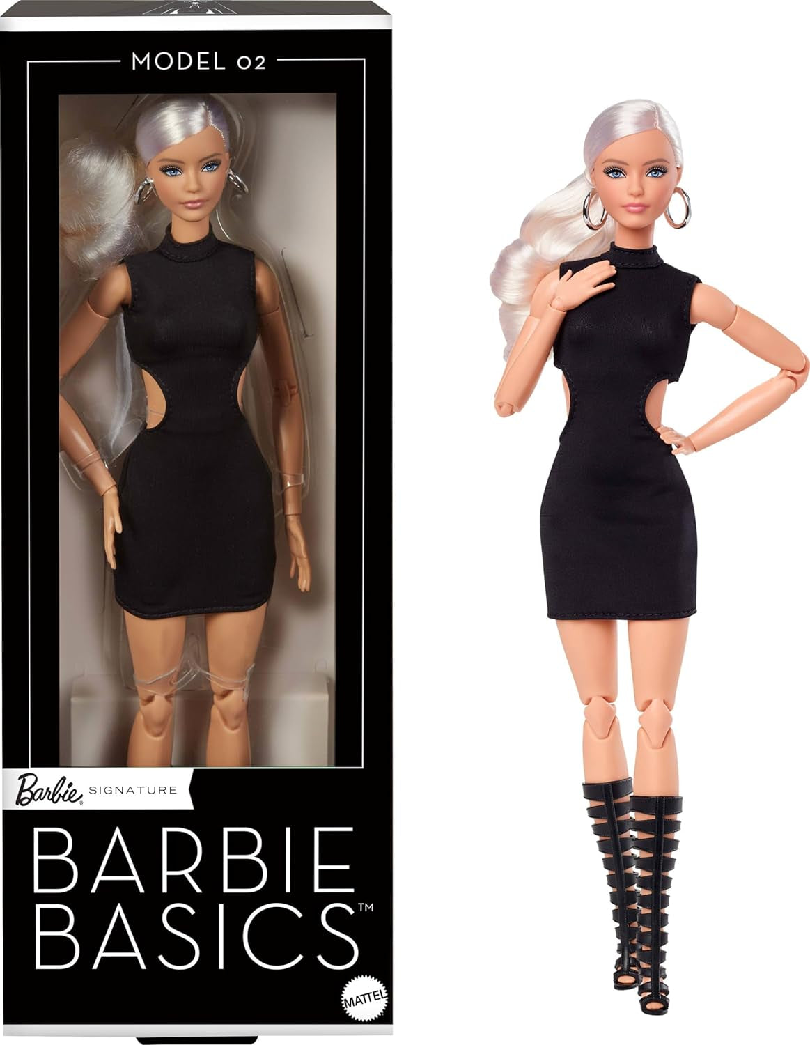 Barbie Basics Modell 2 Sammlerpuppe mit blonden Haaren, schwarzem Minikleid und Gladiatorstiefeln, Einheitsgröße, beweglicher Körper und austauschbarer Kopf, JBH71